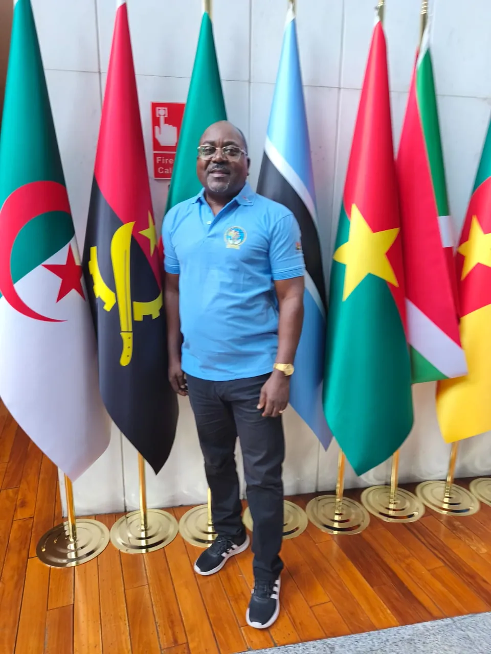 A delegate standing before the flags of African nations.